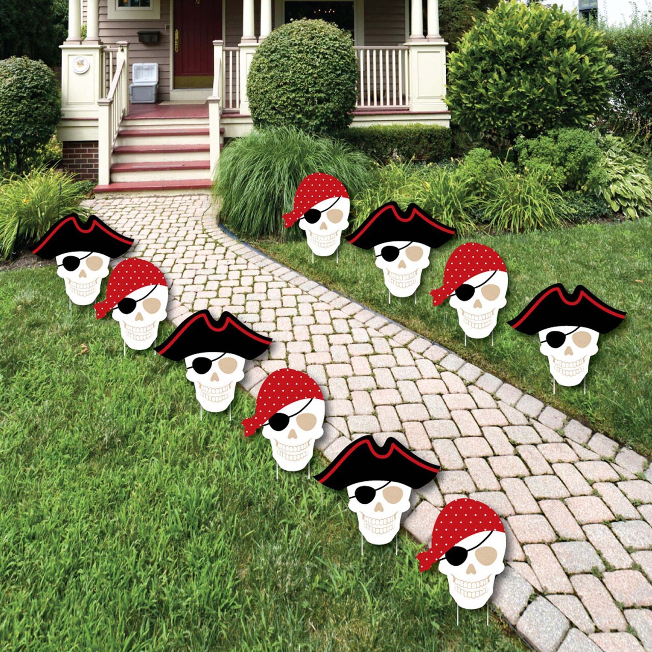Big Dot of Happiness Beware of Pirates - Pirate Skulls Lawn Decorations - Outdoor Pirate Birthday Party Yard Decorations - 10 Piece